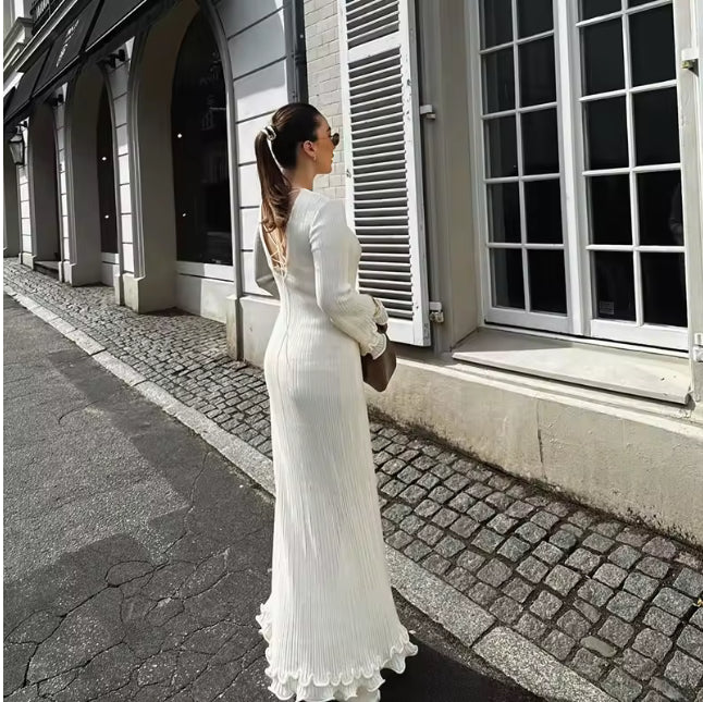 Elegante Lange Plooi Jurk met Ruches en Flare Mouwen
