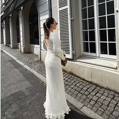 Elegante Lange Plooi Jurk met Ruches en Flare Mouwen