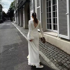 Elegante Lange Plooi Jurk met Ruches en Flare Mouwen