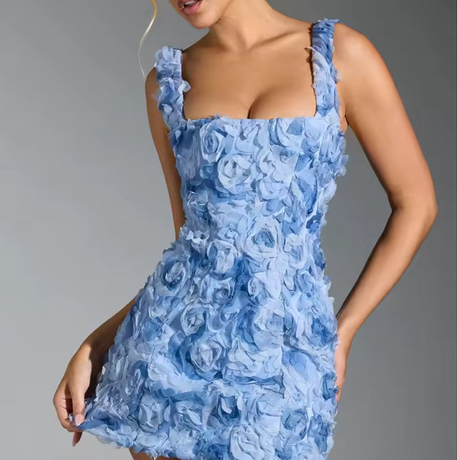 Zomerse Mini Jurk met 3D Bloemen – Sexy & Elegant met Spaghettibandjes