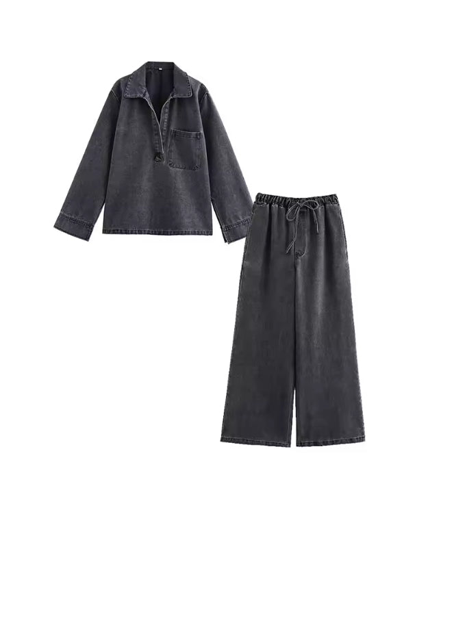 Tweedelige Denim Set voor Dames – Losvallende Top met Kraag & Wijde Broek – Casual Streetwear Look