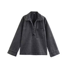 Tweedelige Denim Set voor Dames – Losvallende Top met Kraag & Wijde Broek – Casual Streetwear Look
