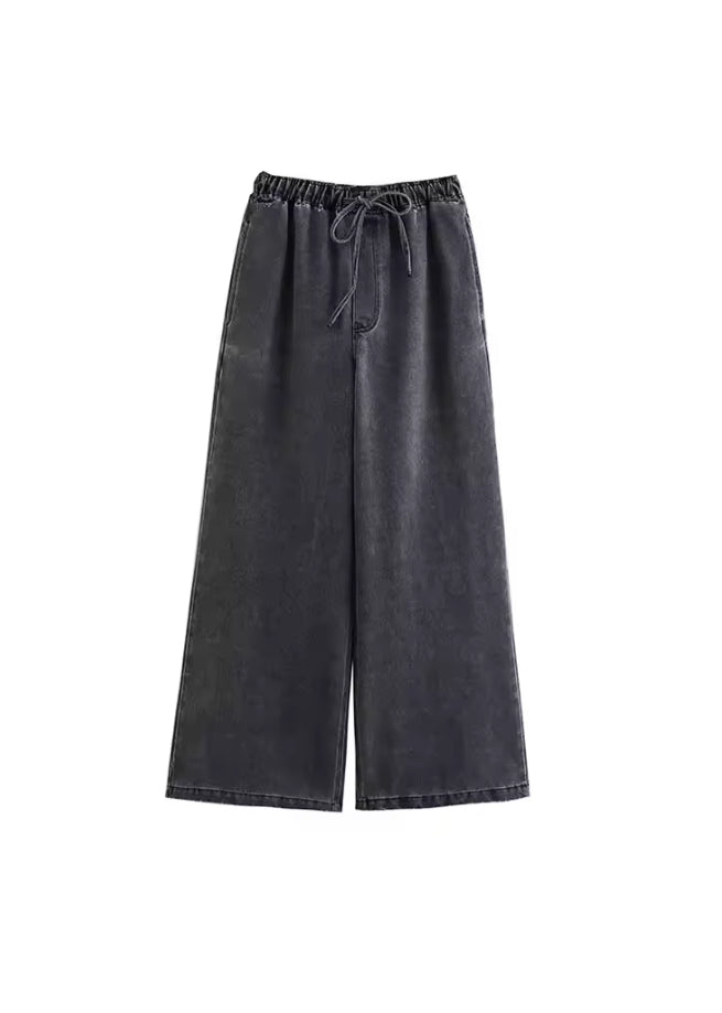 Tweedelige Denim Set voor Dames – Losvallende Top met Kraag & Wijde Broek – Casual Streetwear Look