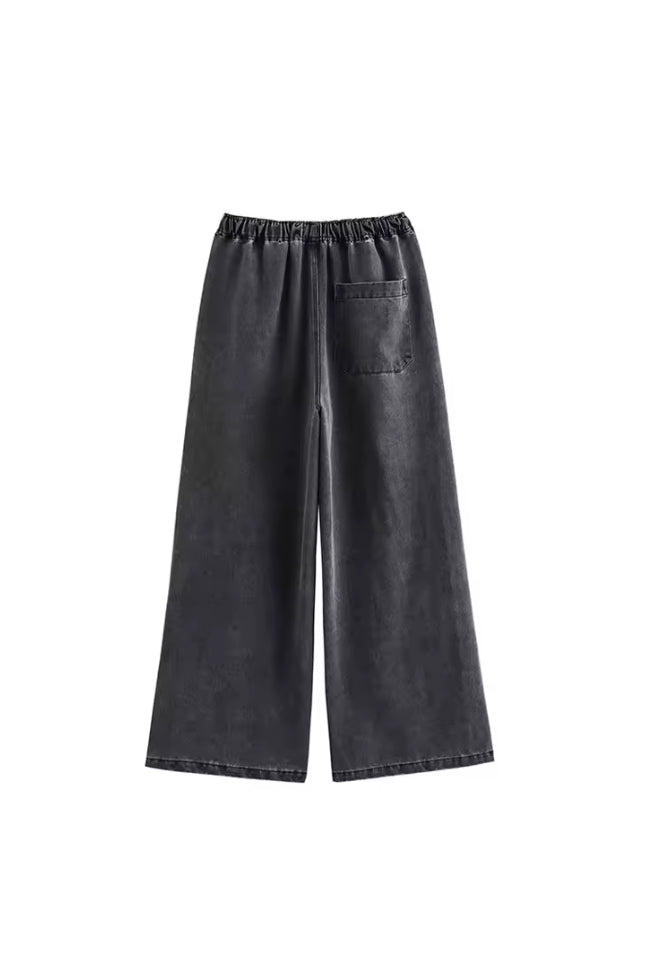 Tweedelige Denim Set voor Dames – Losvallende Top met Kraag & Wijde Broek – Casual Streetwear Look