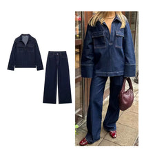 Tweedelige Denim Set voor Dames – Marineblauwe Blouse met Lange Mouwen & Rechte Jeansbroek – Casual Chique Look