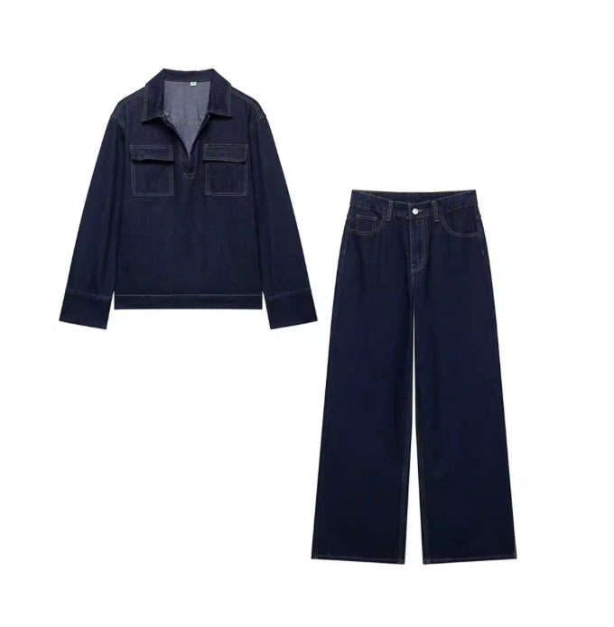 Tweedelige Denim Set voor Dames – Marineblauwe Blouse met Lange Mouwen & Rechte Jeansbroek – Casual Chique Look