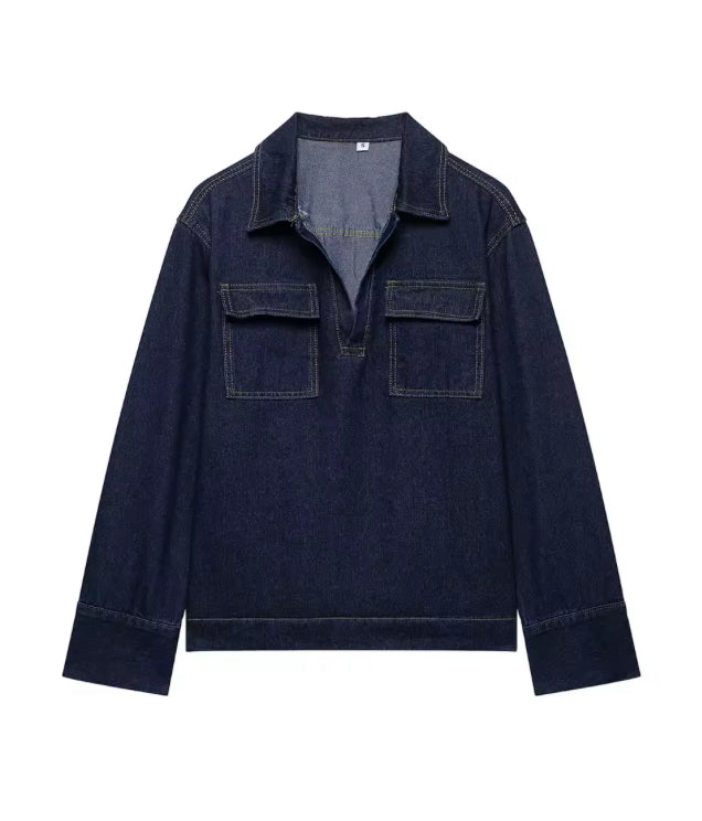 Tweedelige Denim Set voor Dames – Marineblauwe Blouse met Lange Mouwen & Rechte Jeansbroek – Casual Chique Look