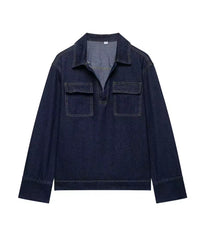 Tweedelige Denim Set voor Dames – Marineblauwe Blouse met Lange Mouwen & Rechte Jeansbroek – Casual Chique Look