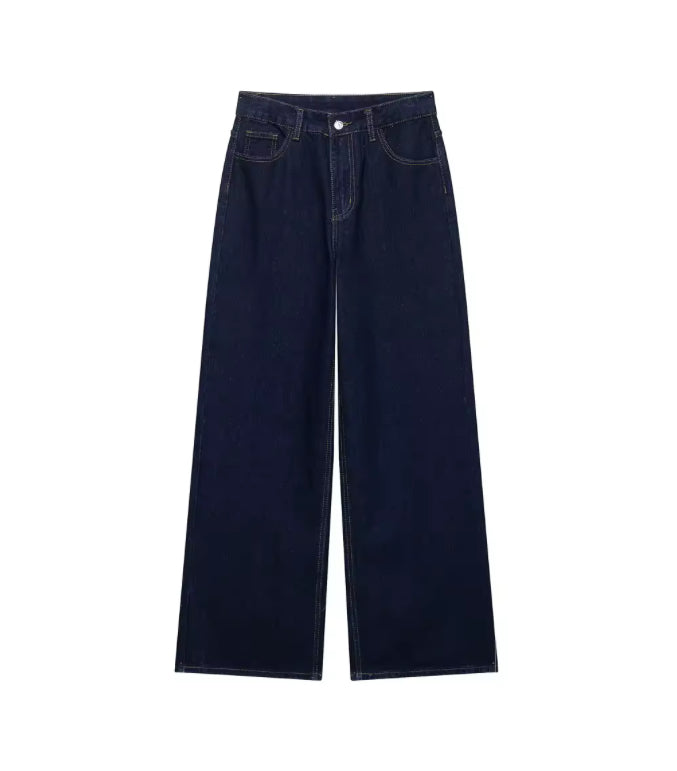 Tweedelige Denim Set voor Dames – Marineblauwe Blouse met Lange Mouwen & Rechte Jeansbroek – Casual Chique Look