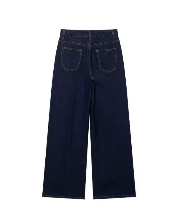Tweedelige Denim Set voor Dames – Marineblauwe Blouse met Lange Mouwen & Rechte Jeansbroek – Casual Chique Look