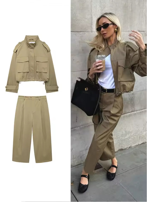 Trendy Beige Co-ord Set – Cargo Cropped Jacket & Wide Leg Pants