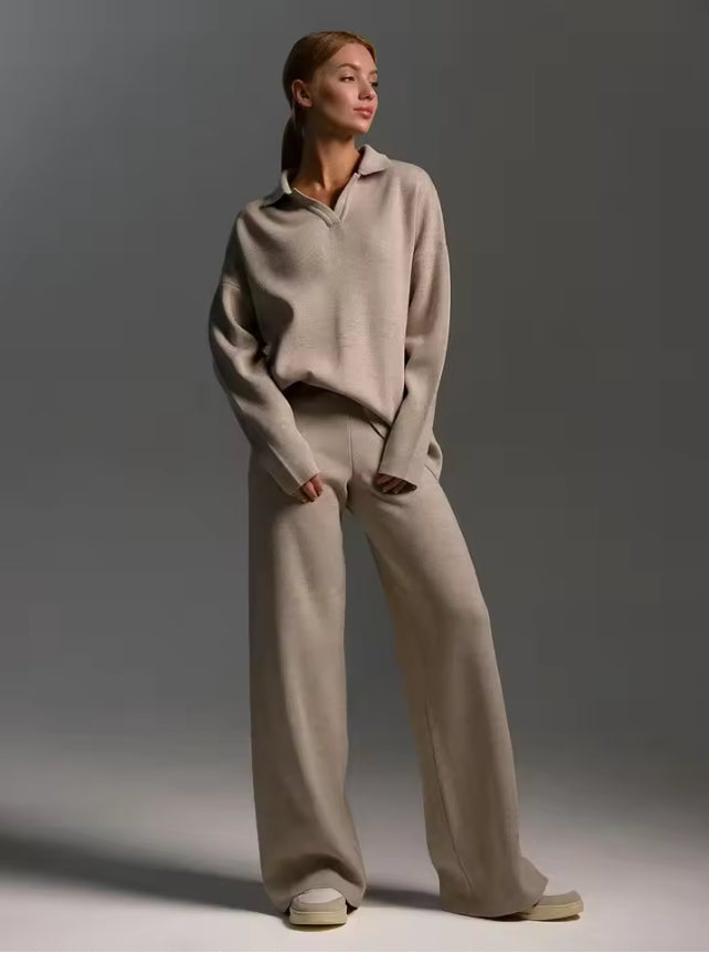Luxe Knitwear Set – Polo Sweater met Wijde Pijpen Broek | Comfy Chic Outfit