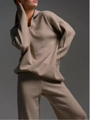 Luxe Knitwear Set – Polo Sweater met Wijde Pijpen Broek | Comfy Chic Outfit