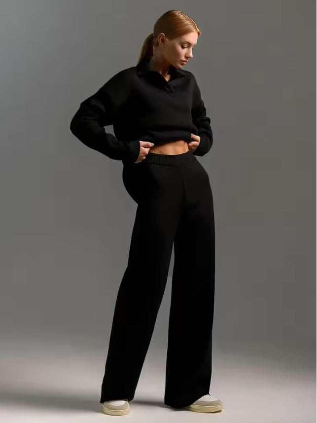 Luxe Knitwear Set – Polo Sweater met Wijde Pijpen Broek | Comfy Chic Outfit