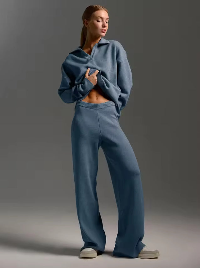 Luxe Knitwear Set – Polo Sweater met Wijde Pijpen Broek | Comfy Chic Outfit