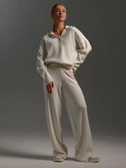 Luxe Knitwear Set – Polo Sweater met Wijde Pijpen Broek | Comfy Chic Outfit