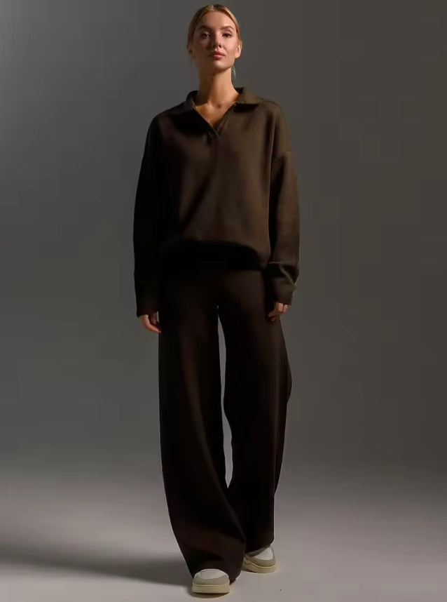 Luxe Knitwear Set – Polo Sweater met Wijde Pijpen Broek | Comfy Chic Outfit