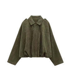 Dames Oversized Jas van Faux Suède – Losse Pasvorm met Kraag en Schouderdetails