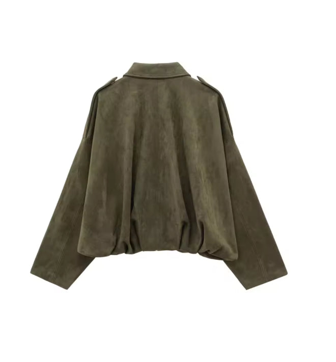 Dames Oversized Jas van Faux Suède – Losse Pasvorm met Kraag en Schouderdetails