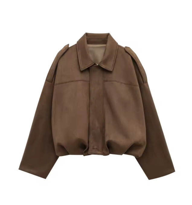 Dames Oversized Jas van Faux Suède – Losse Pasvorm met Kraag en Schouderdetails