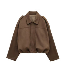 Dames Oversized Jas van Faux Suède – Losse Pasvorm met Kraag en Schouderdetails