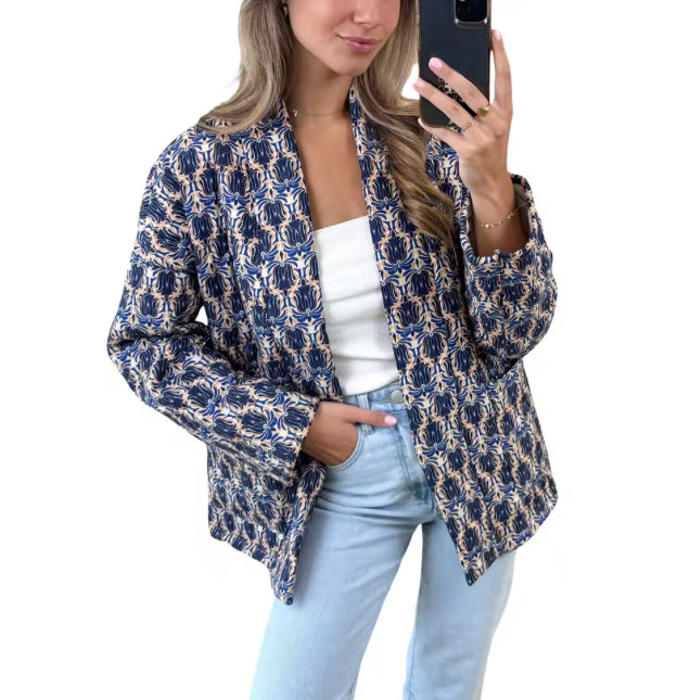 Lentejas Dames – Licht Gewatteerd Vest met Vintage Print en Open Voorzijde