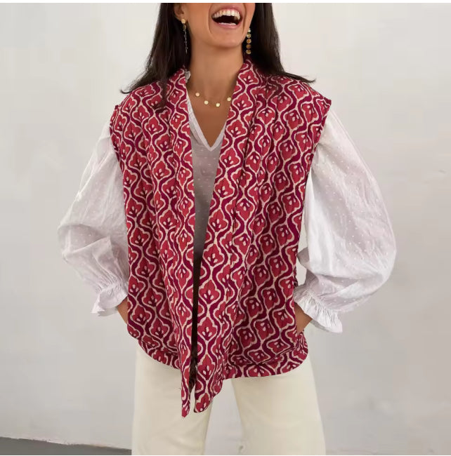 Dames Mouwloos Gewatteerd Vest – Open Voorzijde met Kleurrijke Print – Zomer, Voorjaar & Herfst