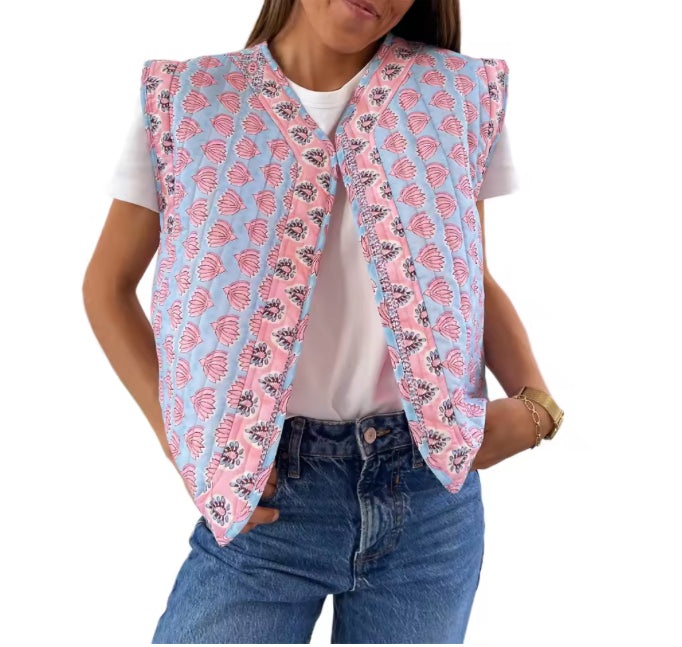 Dames Mouwloos Gewatteerd Vest – Open Voorzijde met Kleurrijke Print – Zomer, Voorjaar & Herfst