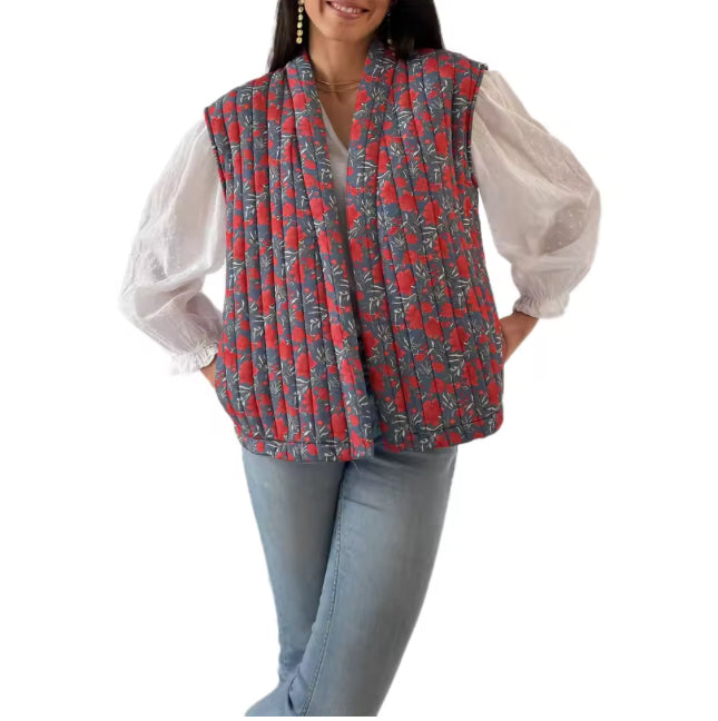 Dames Mouwloos Gewatteerd Vest – Open Voorzijde met Kleurrijke Print – Zomer, Voorjaar & Herfst