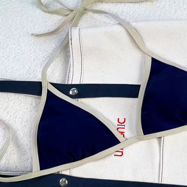 Vintage blauwe bikini-set met beige details – Push-up driehoekige top & string-slip