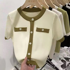 Gebreid T-shirt met Korte Mouwen en Contrastknopen