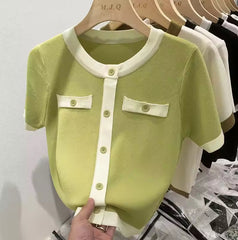 Gebreid T-shirt met Korte Mouwen en Contrastknopen
