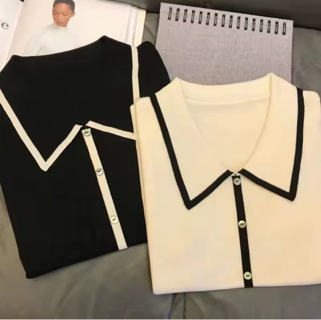 Gebreid Poloshirt met Korte Mouwen en Contrasterende Knoopsluiting