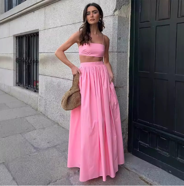 Zomerse Elegante Two-Piece Set met Bandeau Top en Maxi Rok