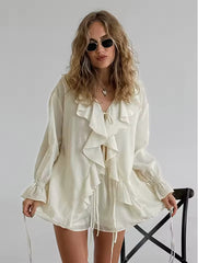 Zomerse blouse en short set met ruches en v-hals