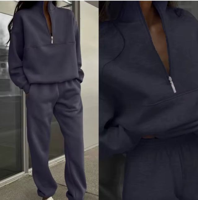 Zachte fleece trainingspak met halve rits en joggingbroek – 2-delig