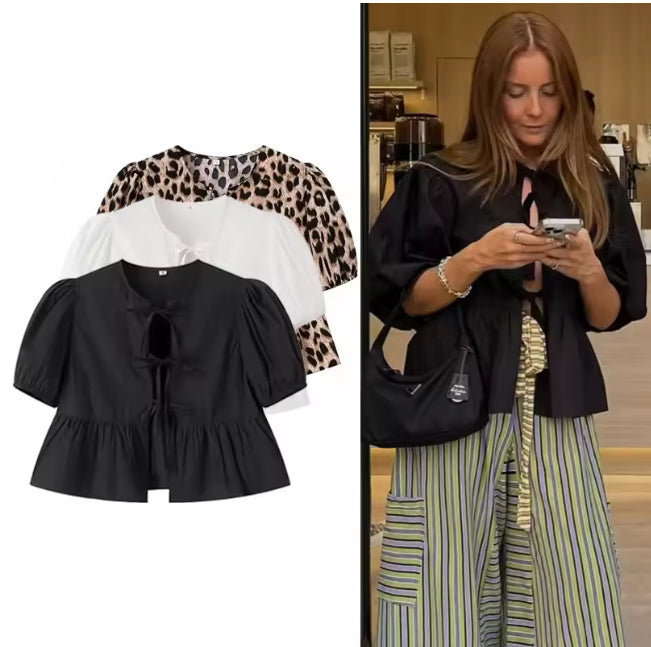 Blouse met ruches en korte pofmouwen