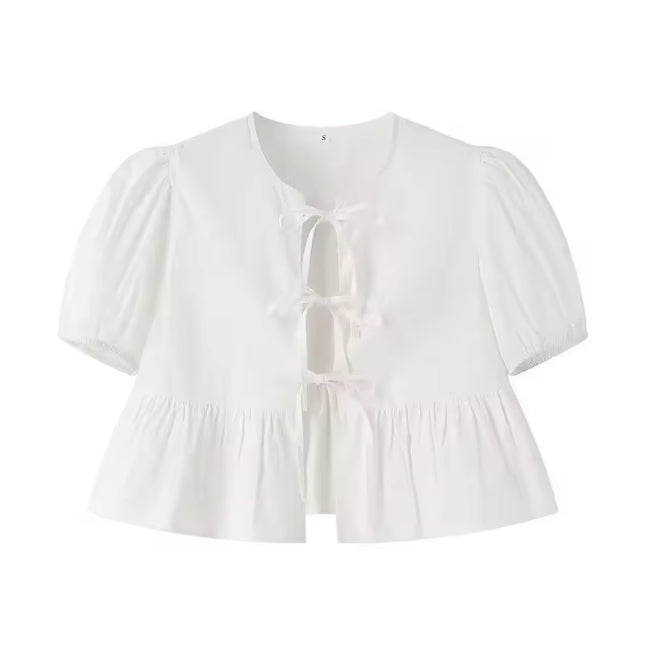 Blouse met ruches en korte pofmouwen