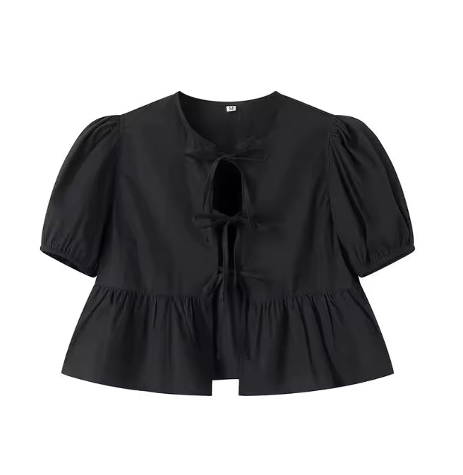 Blouse met ruches en korte pofmouwen