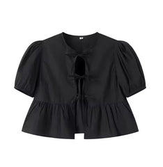 Blouse met ruches en korte pofmouwen