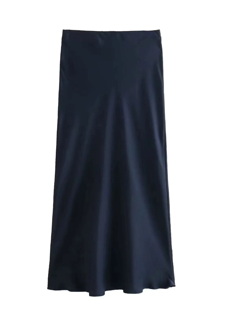 Satijnen midi rok met hoge taille en uitlopende zoom