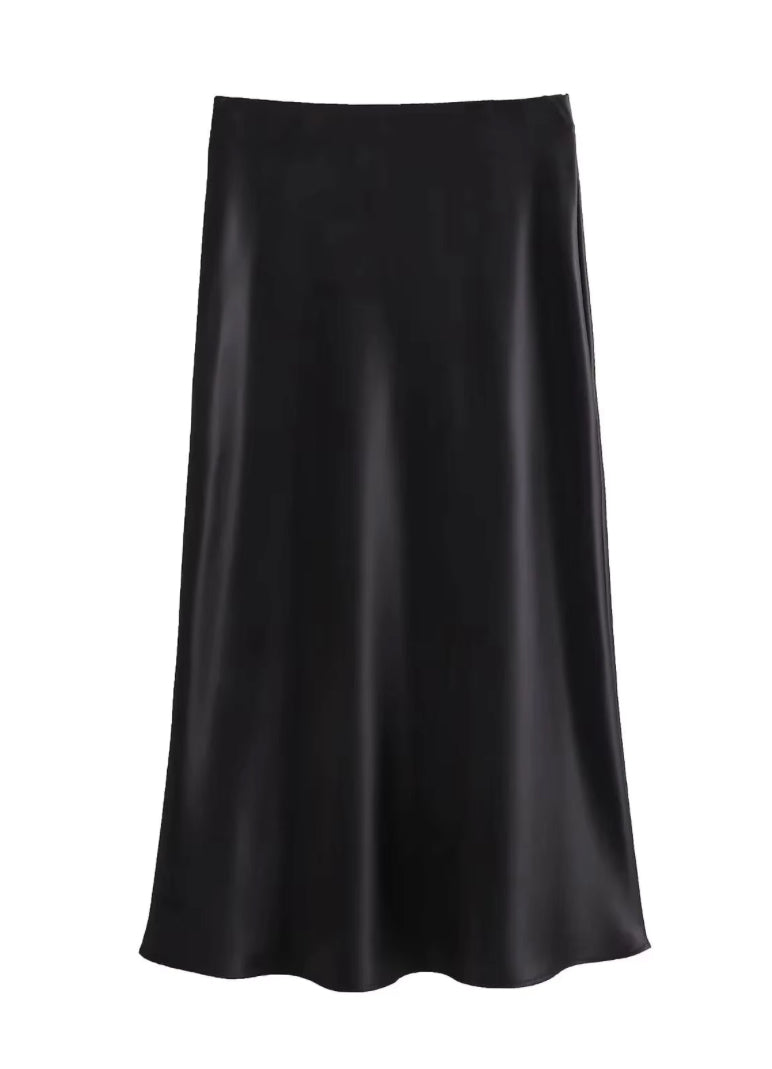Satijnen midi rok met hoge taille en uitlopende zoom