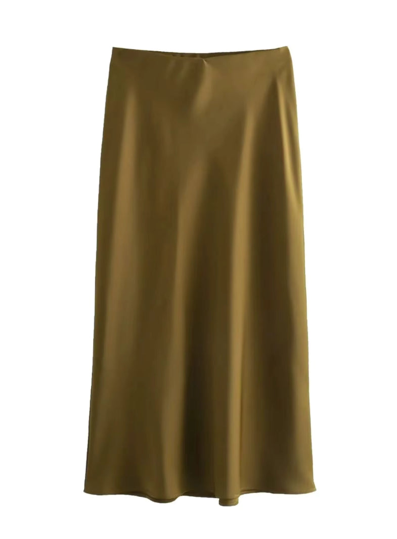 Satijnen midi rok met hoge taille en uitlopende zoom