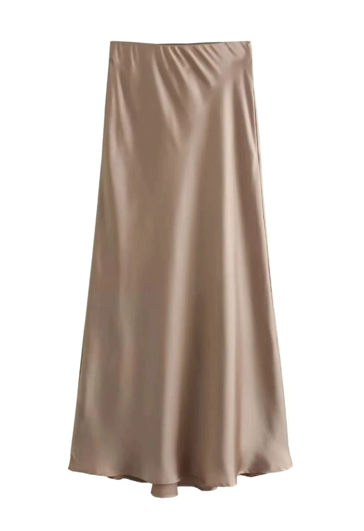 Satijnen midi rok met hoge taille en uitlopende zoom