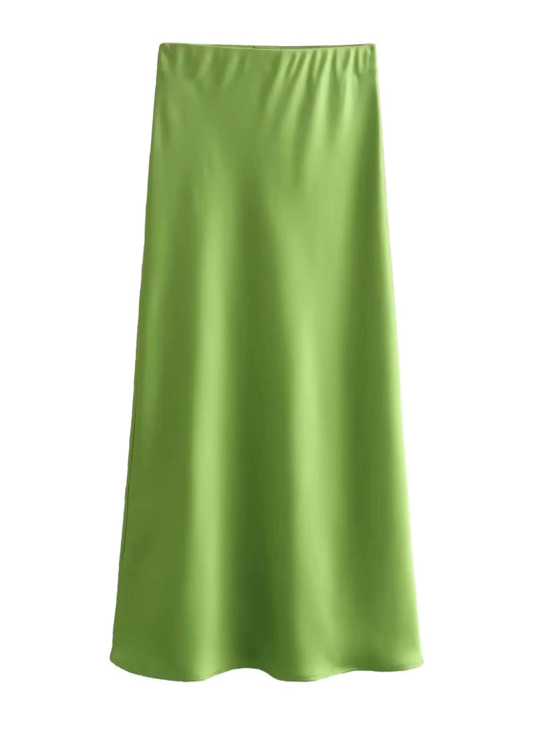 Satijnen midi rok met hoge taille en uitlopende zoom