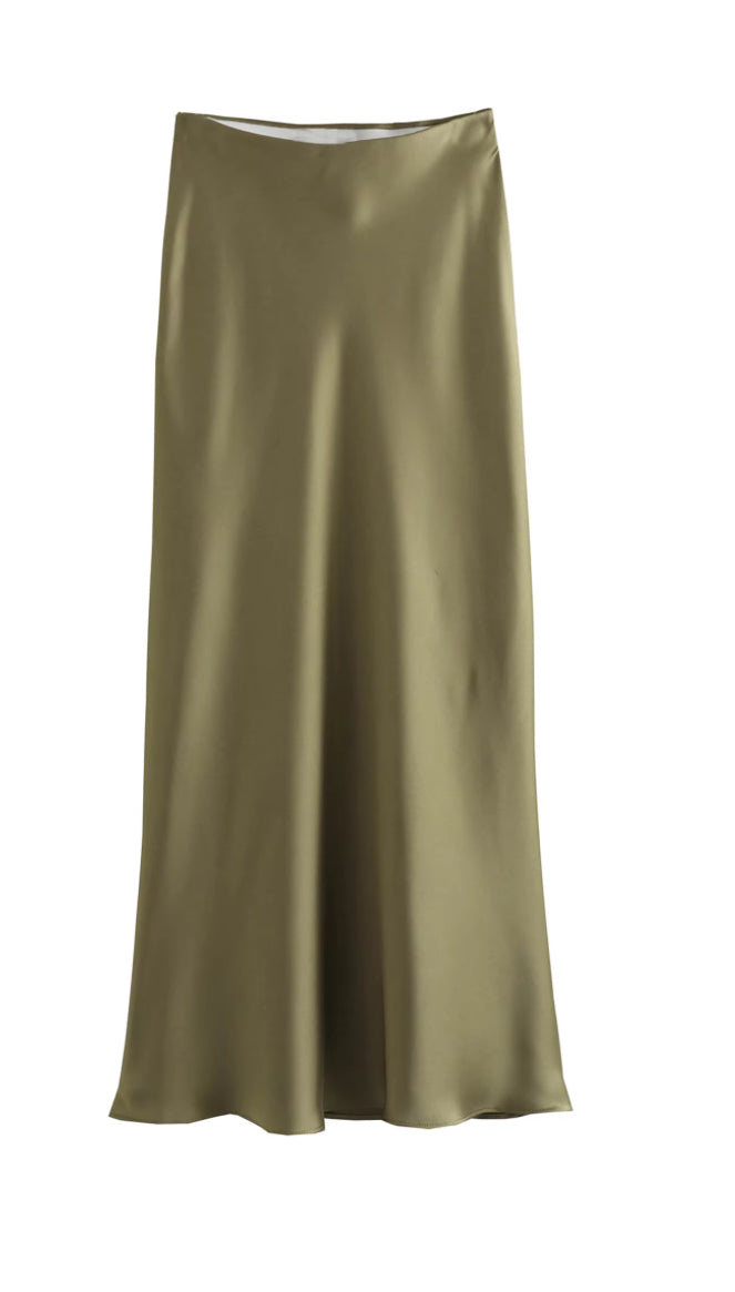 Satijnen midi rok met hoge taille en uitlopende zoom