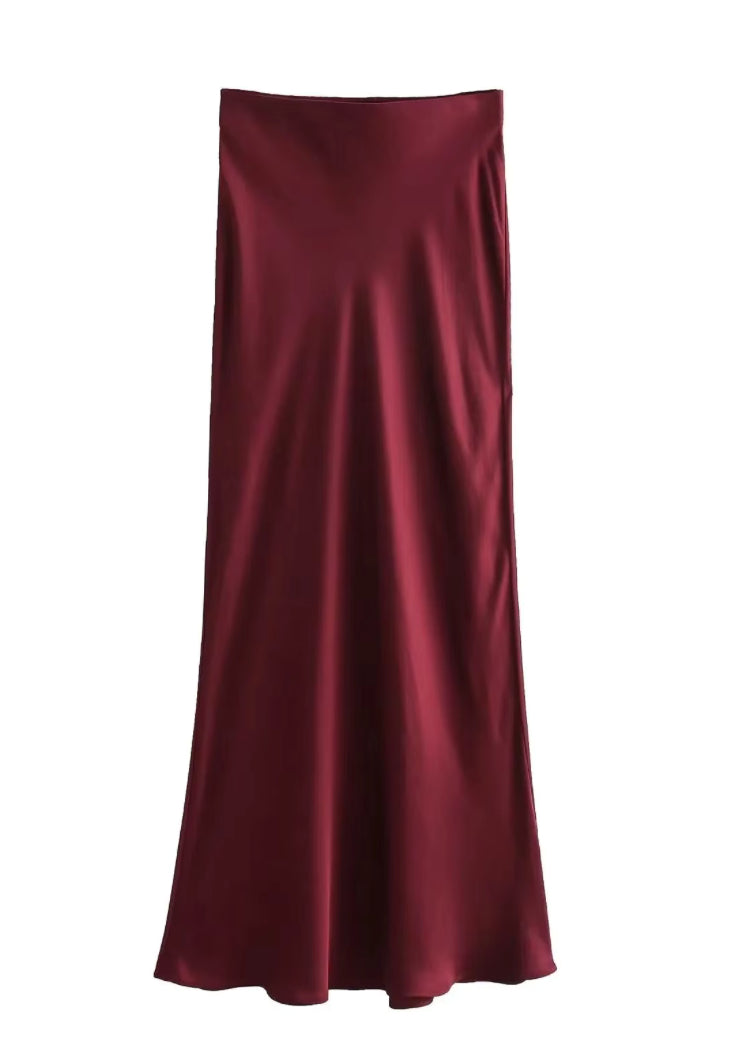 Satijnen midi rok met hoge taille en uitlopende zoom