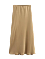 Satijnen midi rok met hoge taille en uitlopende zoom