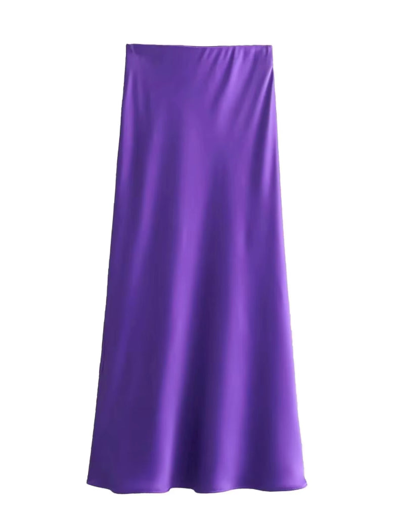 Satijnen midi rok met hoge taille en uitlopende zoom