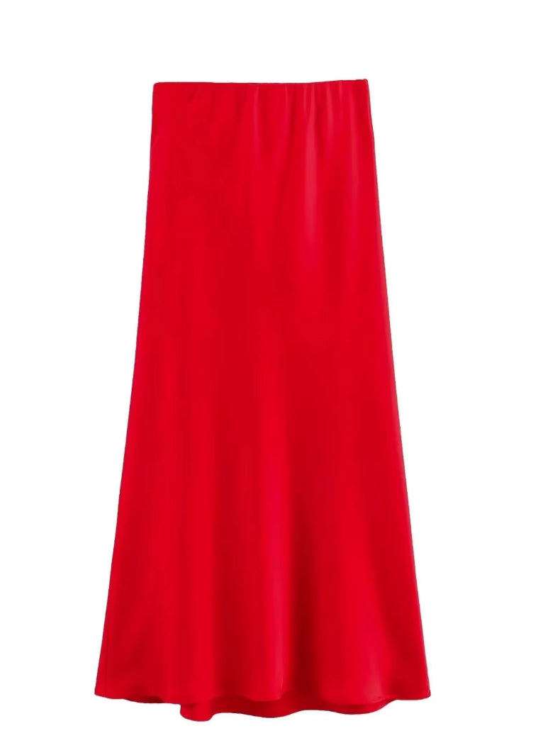 Satijnen midi rok met hoge taille en uitlopende zoom